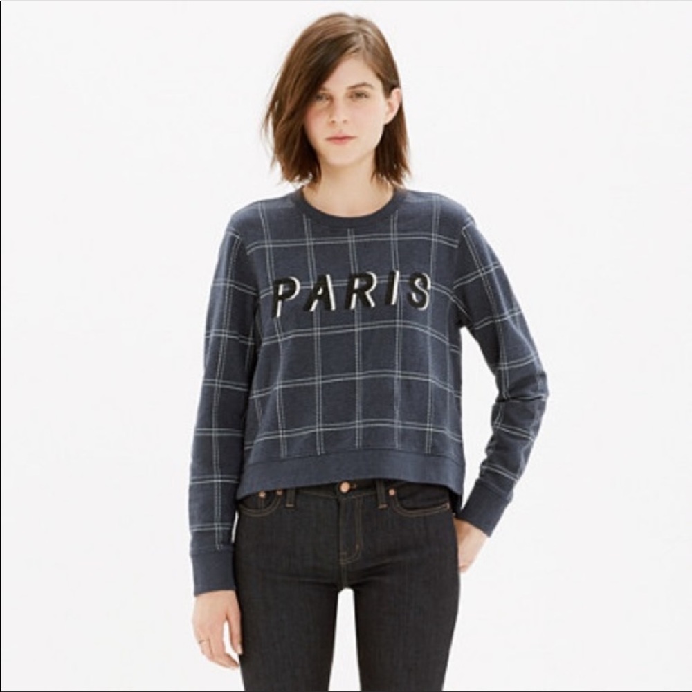 Madewell Paris Check sweatshirt blue gray graphic windowpane plaid pullover